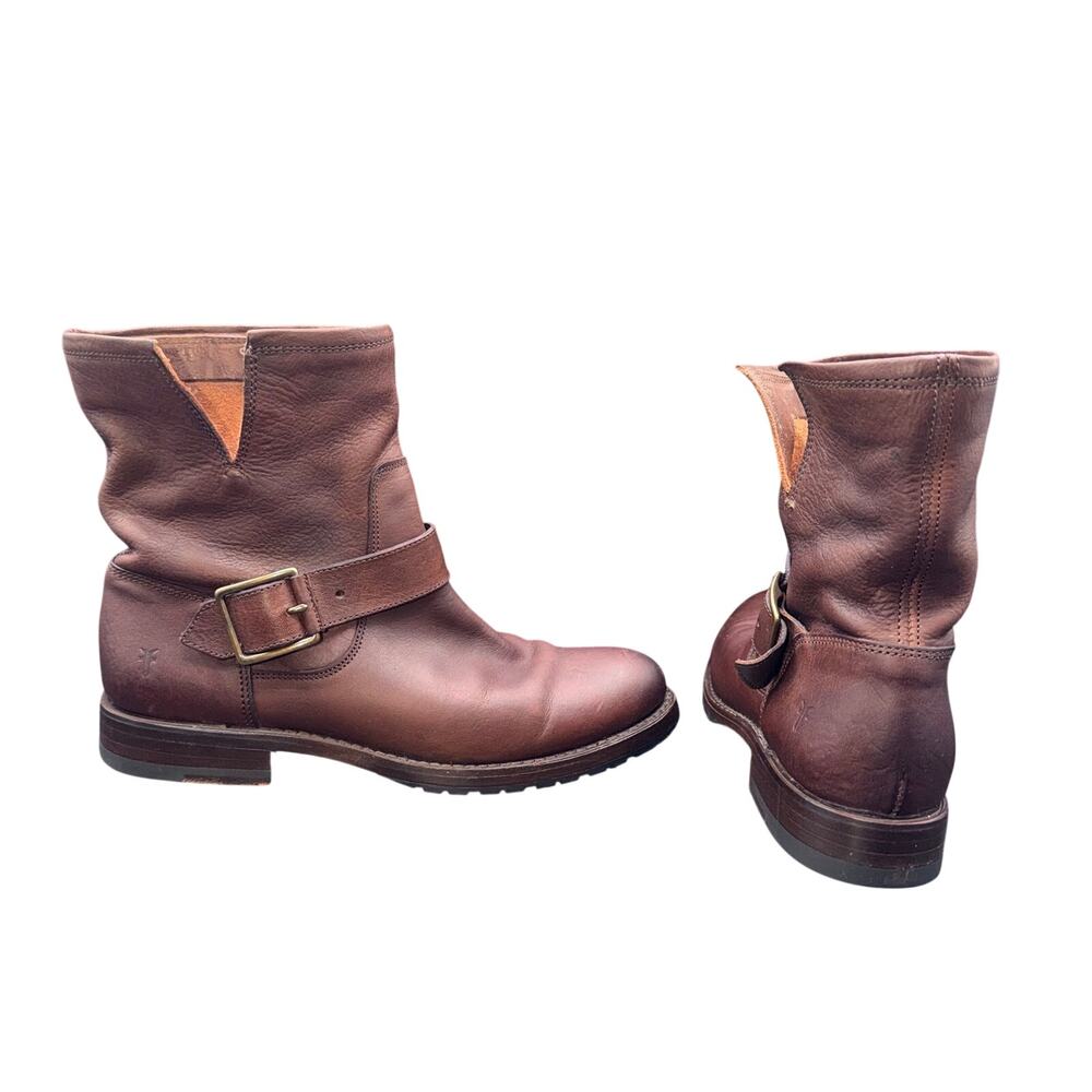 Frye Veronica Short Boots Women 8 B Brown Leather Engineer Moto Harness